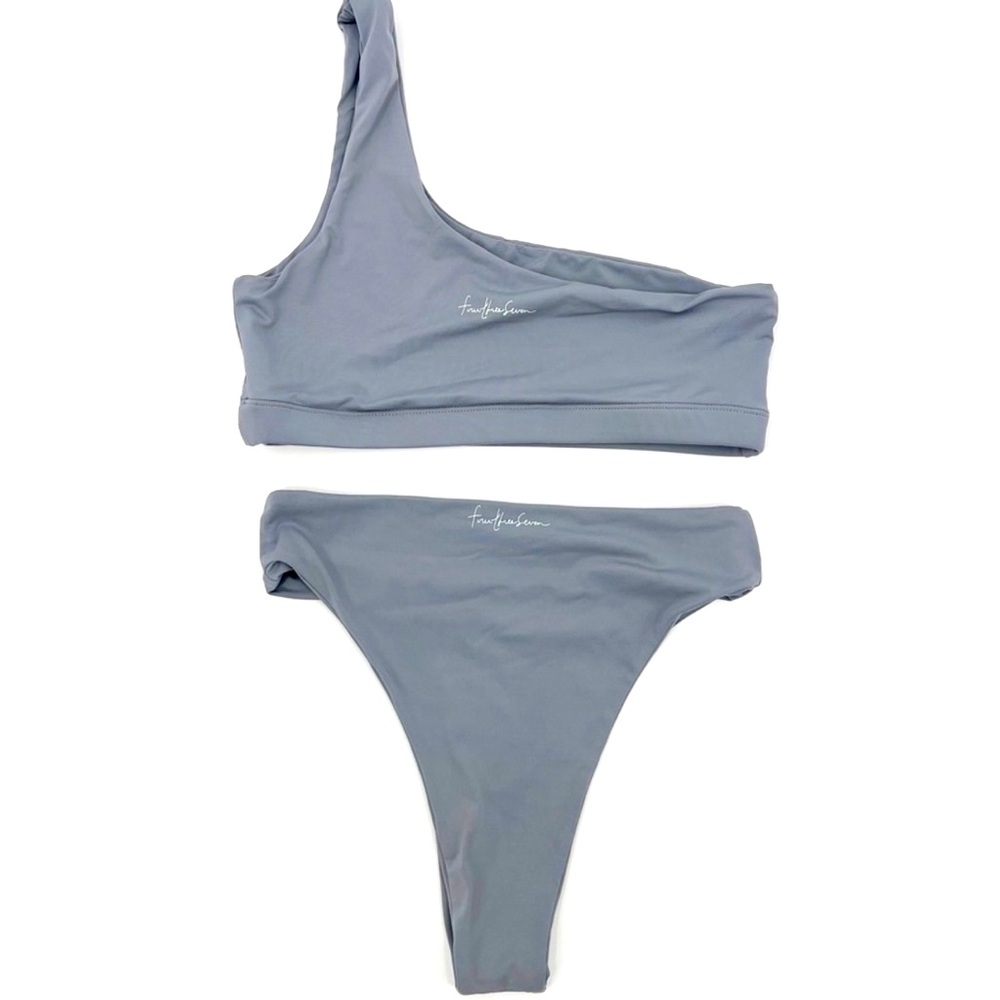 437 Four Three Seven One Shoulder High Rise Gray 2 Piece Bikini Swimsuit S/M